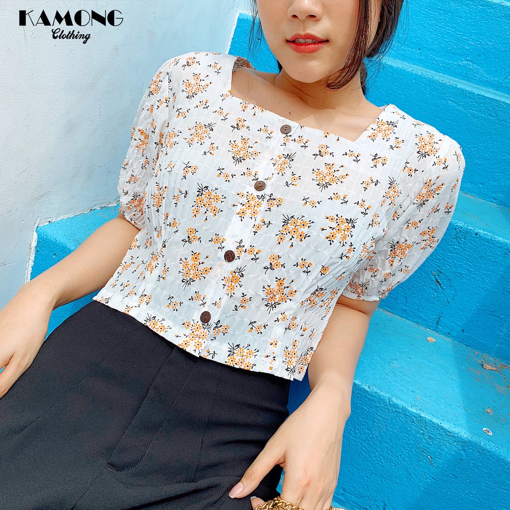 Áo kiểu Croptop hoa nhí cổ vuông KAMONG A029 | BigBuy360 - bigbuy360.vn