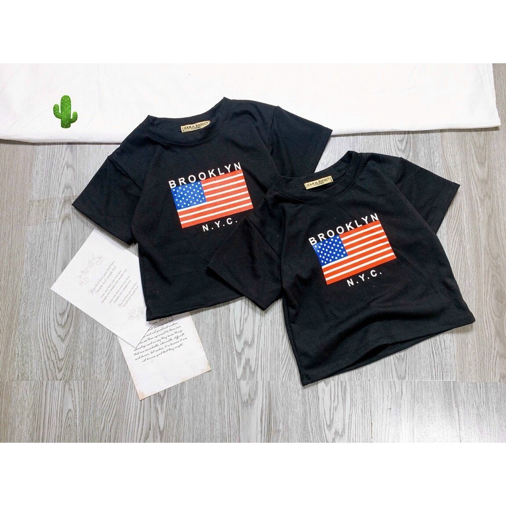 Áo croptop tay ngắn in hình lá cờ chữ cực xinh , chất thun bozip mềm mịn ( ảnh thật )
