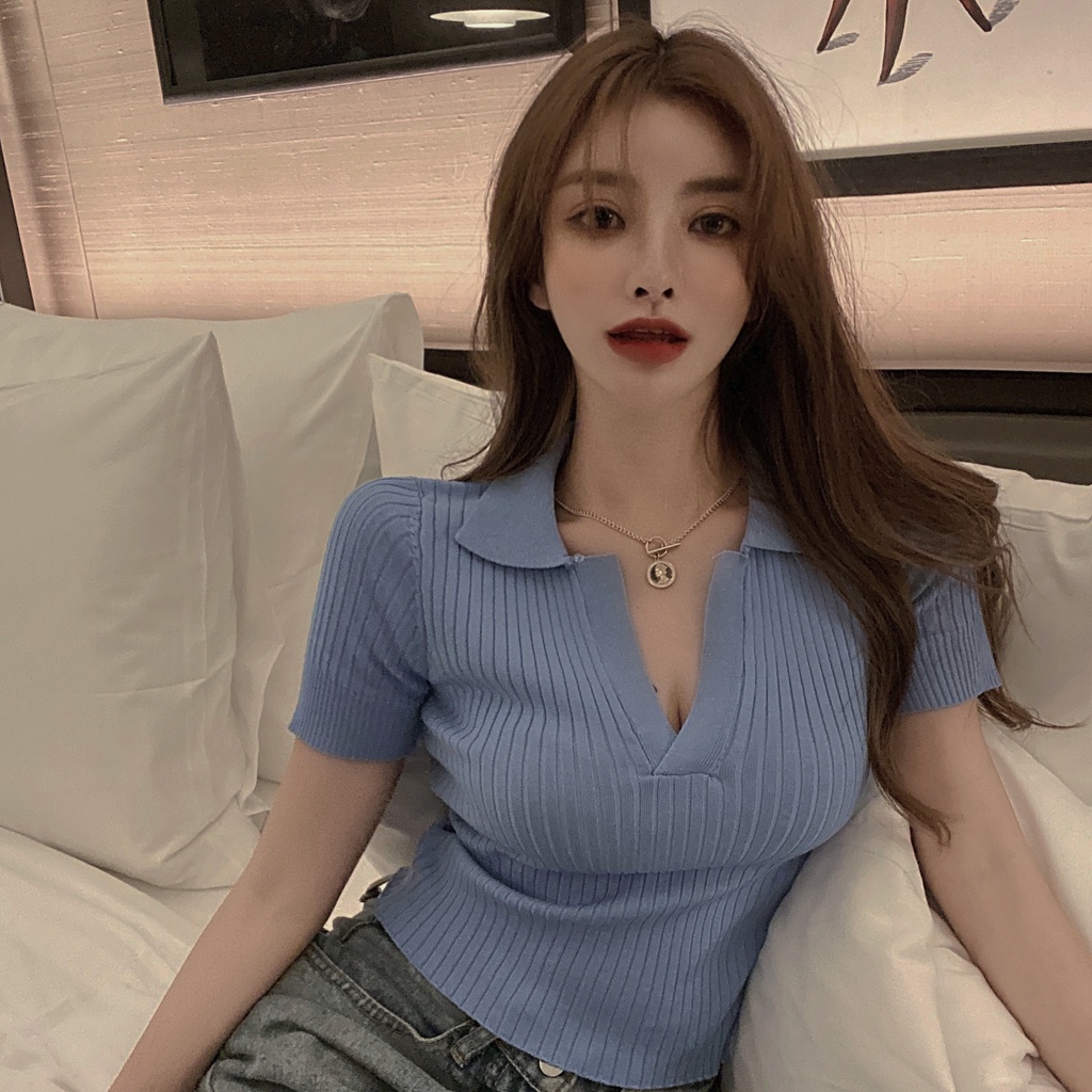 QADCOL Áo Thun Dệt Kim Tay Ngắn Cổ Chữ V Dáng Ôm Phong Cách retro Hàn Quốc Dành Cho Nữ