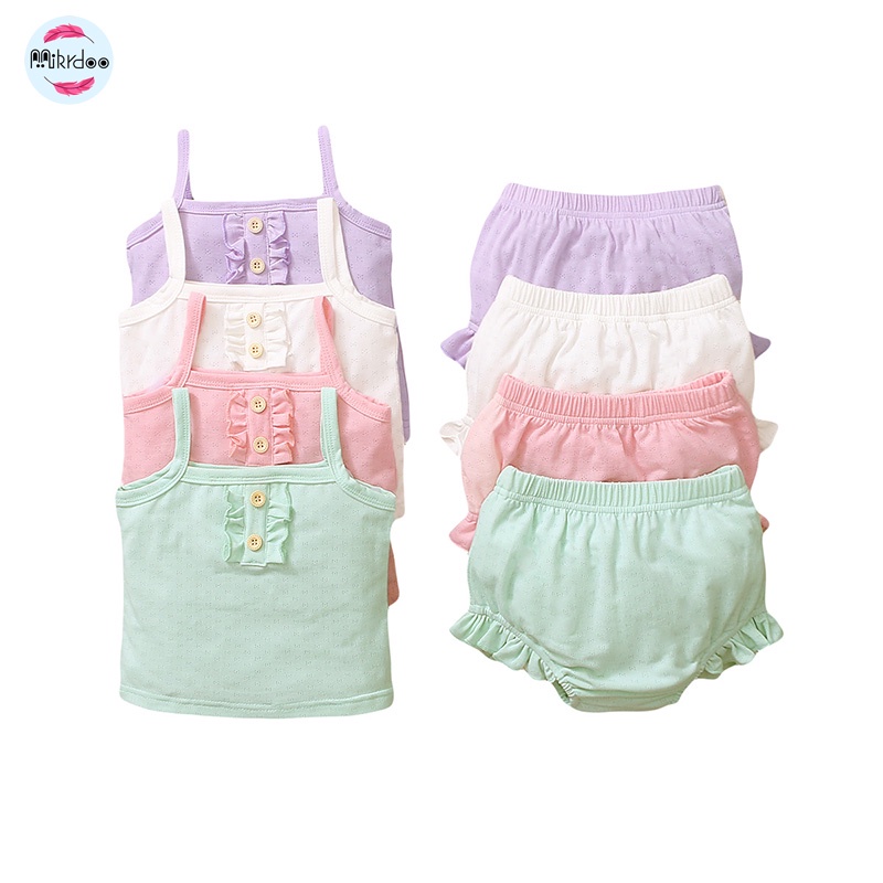 Bộ đồ 2 mảnh MIKRDOO gồm áo dây và quần short cotton màu trơn cho bé gái sơ sinh