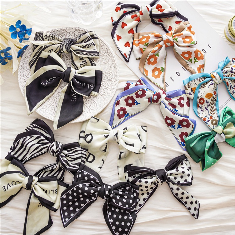 Kẹp tóc nơ satin họa tiết in phong cách hàn quốc thời trang cho nữ