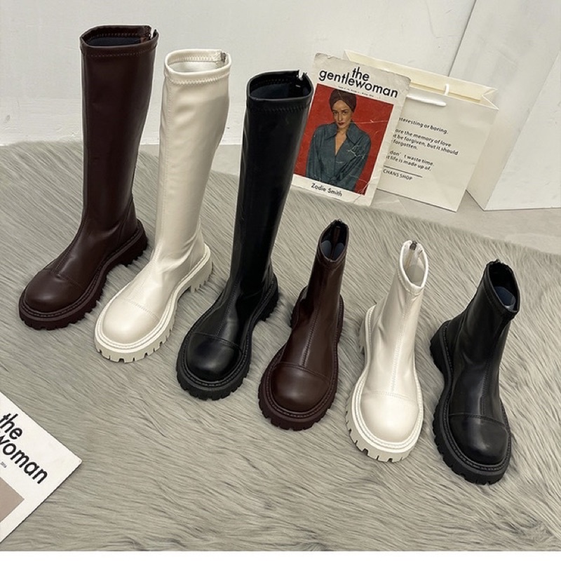 Boots ulzzang nữ cổ ngắn và cổ cao dưới đầu gối da mềm ôm chân đế cao 4cm