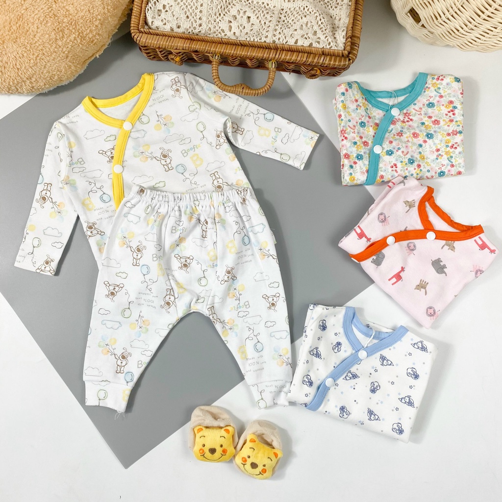 Bộ Sơ Sinh COTTON HÀN MINKYMOM In Hình Toàn Thân Cài Chéo Cho Bé SS-IN05