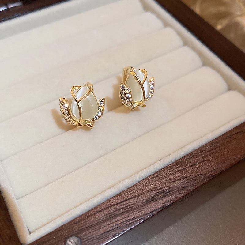 Khuyên Tai Hình Hoa Tulip Đính Đá Opal Cao Cấp Sang Trọng Phong Cách Hàn Quốc Cho Nữ