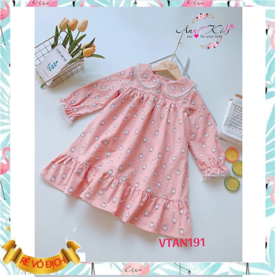Váy dài tay cho bé gái 1-12 tuổi hình thỏ, Đầm thu đông trẻ em cổ sen nẹp ren dày dặn mềm mại