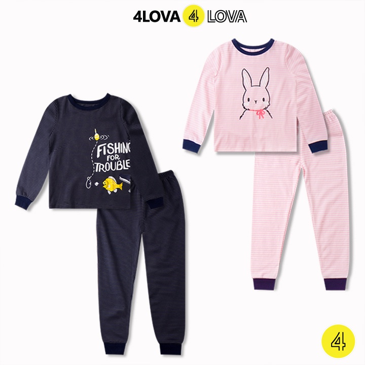 Bộ quần áo dài tay 4LOVA chất thun cotton bo gấu in hình dễ thương thu đông cho bé KID026