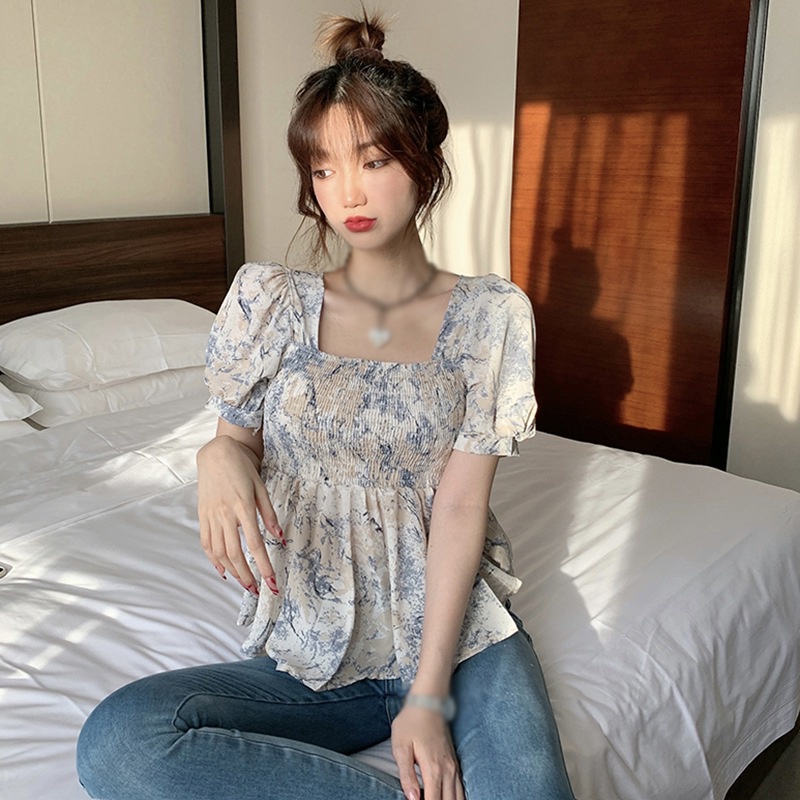 Áo Chiffon Tay Ngắn Cổ Vuông In Hoa Phong Cách Hàn Quốc Cho Nữ