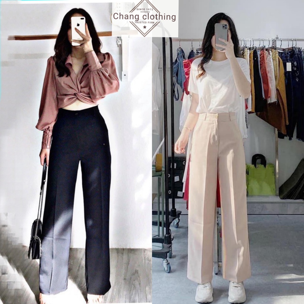 Quần ống rộng nữ lưng cao dáng tây đứng dài thiết kế cạp cao vải đen mềm - Quần vải nữ ống suông mặc đi học làm công sở