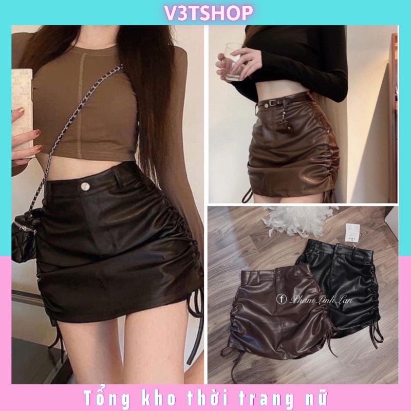 Chân váy ngắn nữ chất da mềm dây rút 2 bên cá tính màu đen nâu kem thời trang Chunshop 1993 | BigBuy360 - bigbuy360.vn