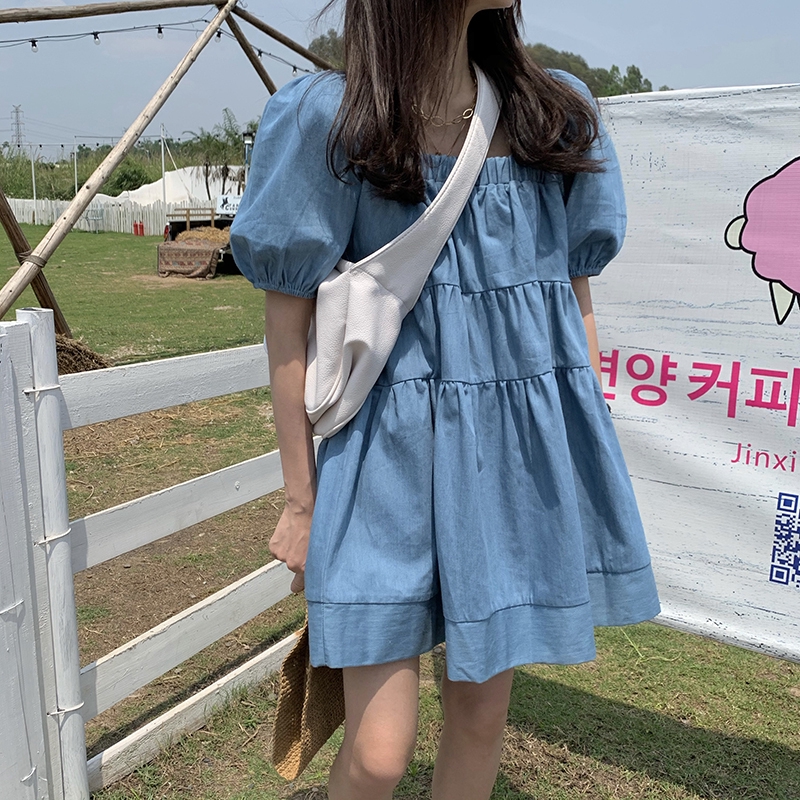  temperament over loose Pleated photo price Dress all Real Korean neck ~ square real skirt denim version | BigBuy360 - bigbuy360.vn
