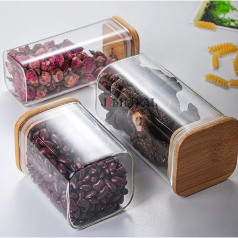 Hũ thủy tinh nắp gỗ đựng gia vị , đồ khô