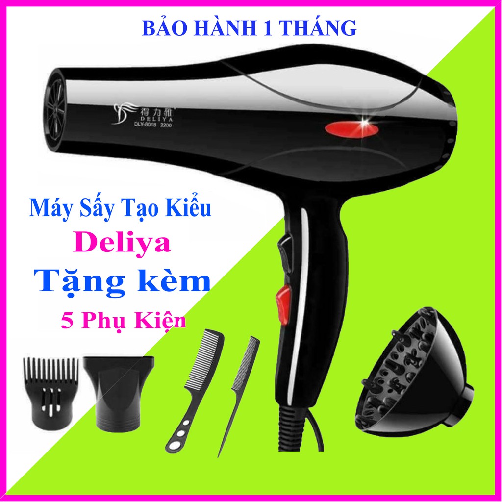 Máy Sấy Tóc Tạo Kiểu Deliya Công Suất Lớn 2200W Tặng Kèm Bộ 5 Phụ Kiện