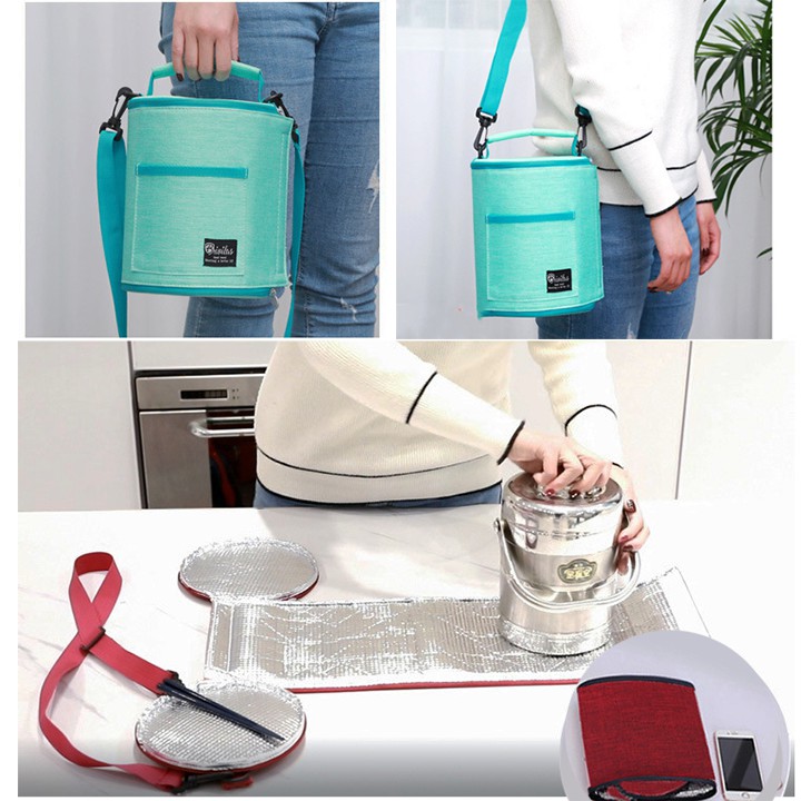 HCM - Túi giữ nhiệt cao cấp cho hộp cơm tròn 3 khay Bivilas kèm dây đeo tiện dụng