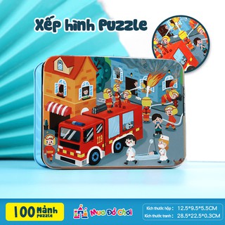 Bộ đồ chơi tranh 100 mảnh ghép Tranh gỗ puzzle Hộp sắt cho bé