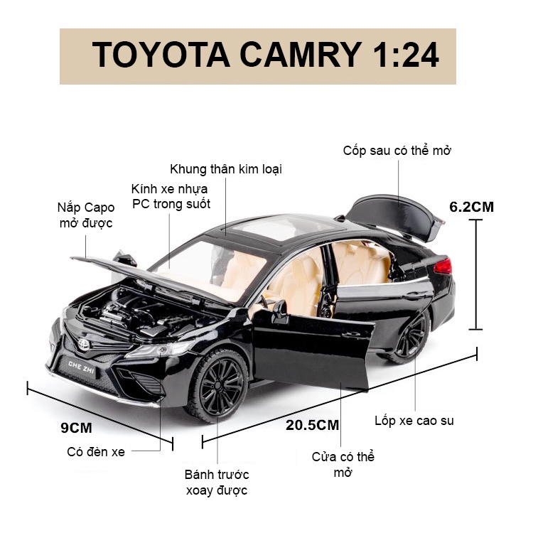 Mô hình Toyota Camry tỷ lệ 1:24 bằng hợp kim mở 4 cửa, cốp capo đèn và âm thanh