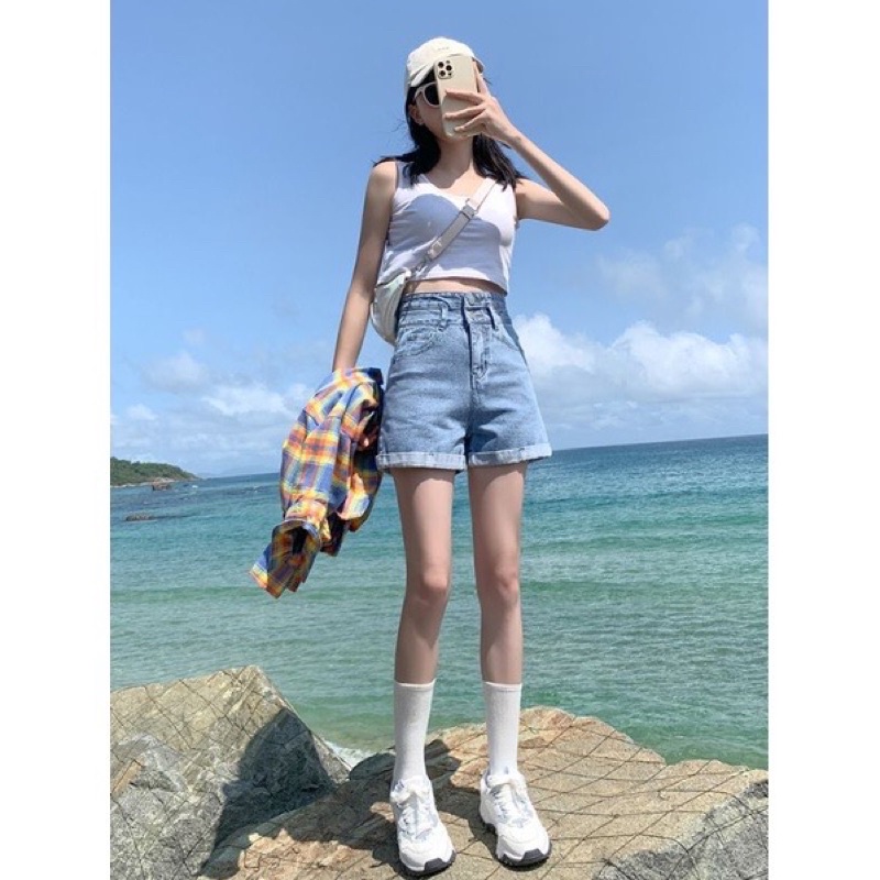 Quần Short Jean Cạp Cao Gập Gấu Cá Tính_Q1