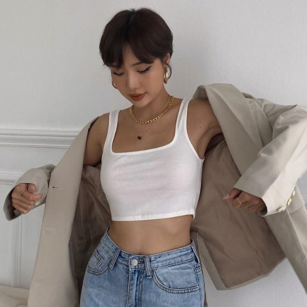 Áo hai dây croptop bản to áo 3 lỗ thun gân cổ vuông square neck crop top Mia Ritta A2062