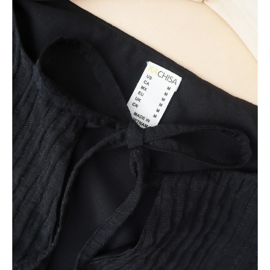 Áo kiểu nữ trung niên tay phồng form suông thoải mái, vải tơ gân màu đen phối nơ duyên dáng - KACHISA 969SQE