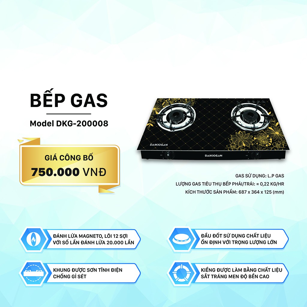 Bếp gas đôi Daikiosan DKG-200008 - Hệ thống đánh lửa Magneto cao cấp, mặt kính sang trọng, bền bỉ