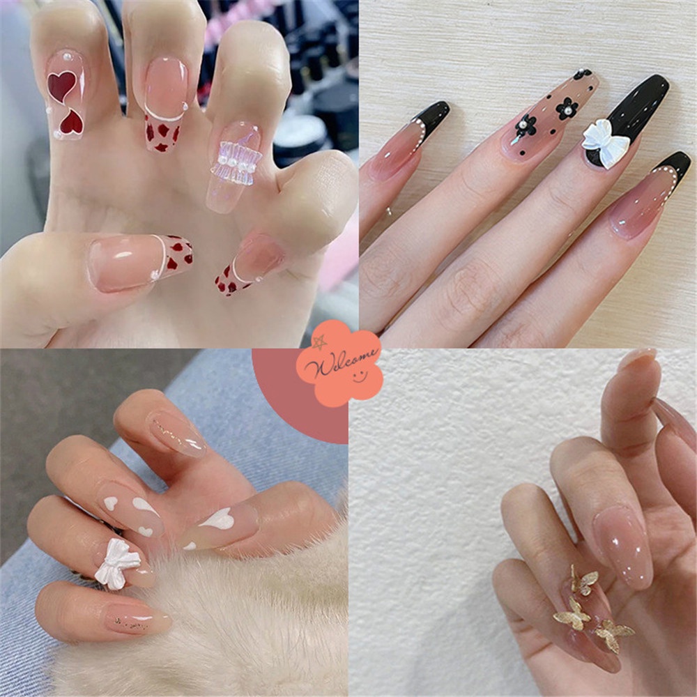 Móng tay giả dán keo trong suốt trang trí hình bướm hình trái tim và ngọc trai nhân tạo 3D thời trang dành cho cô dâu