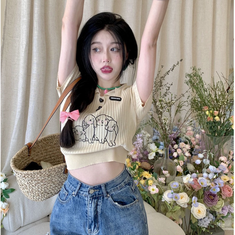 Áo polo Pure Cube dệt kim tay ngắn dáng ôm thêu hình thỏ thời trang mùa hè cho nữ