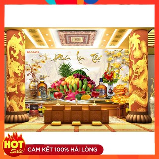 Tranh dán tường phía sau bàn thờ hình 3D có hoành phi câu đối kích thước rộng 150 x 120