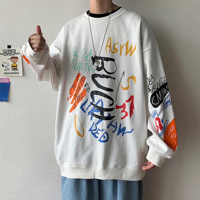 Áo thun IELGY cổ tròn tay dài size lớn vải mỏng họa tiết graffiti phong cách Nhật Bản thường ngày dành cho bạn nam
