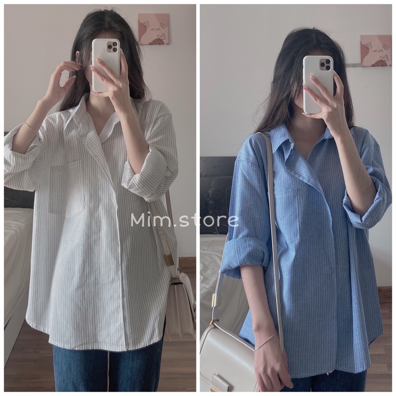 Áo sơ mi kẻ sọc vạt lệch thanh lịch, áo sơ mi kẻ sọc lệch tà