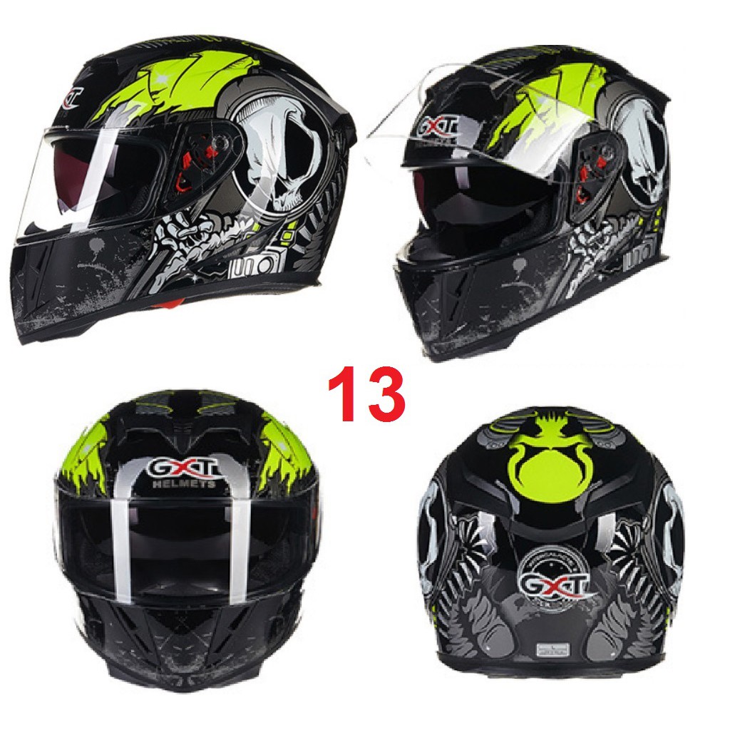 Mũ nón bảo hiểm GXT fullface full face hoạ tiết đầu lâu phối pha đen xanh lá cây