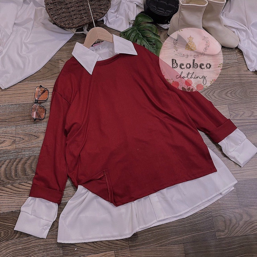 Set đầm sơ mi trắng tay dài kèm áo gile đỏ vintage