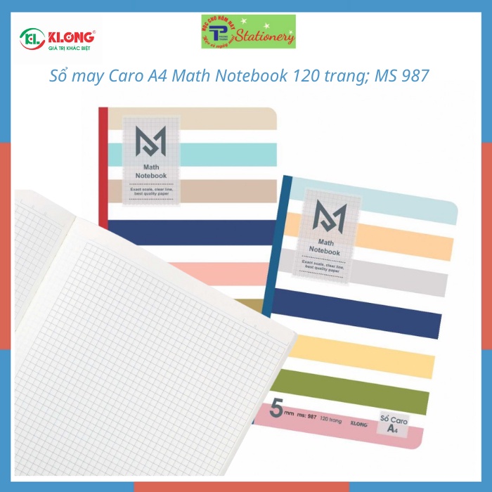 Vở may dán gáy 120,200 trang Caro A4 Klong Math Notebook, vở Klong MS 987,988
