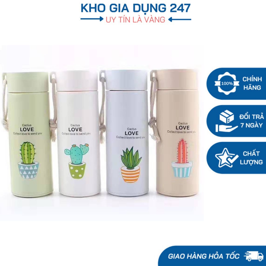 Bình Nước Giữ Nhiệt 450ml Lõi Thủy Tinh Bọc In Hình Xương Rồng Và Nhựa Lúa Mạch Có Dây Đeo Tiện Dụng