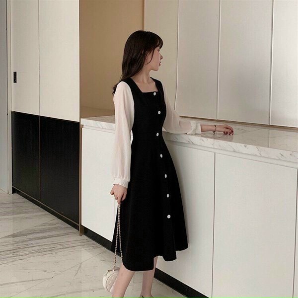 Đầm umi phối lưới cổ vuông, đầm nữ tay lưới phong cách Hàn Quốc