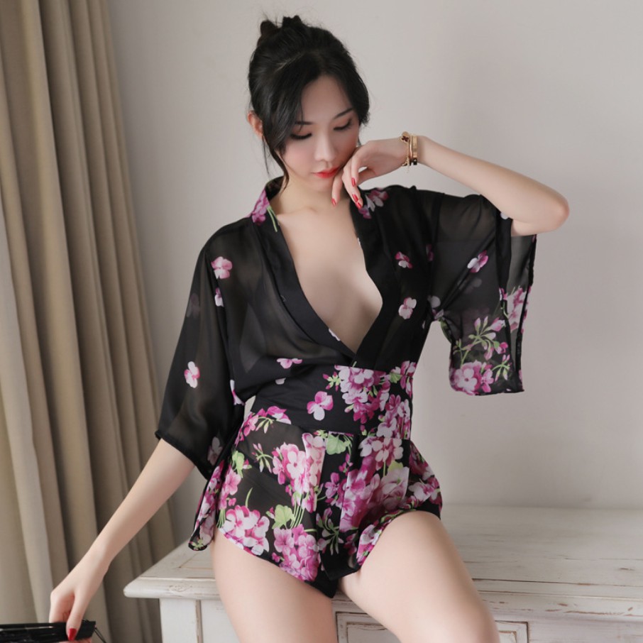 [Che tên] Áo choàng tắm Pyjama voan hoa ngắn tay gợi cảm