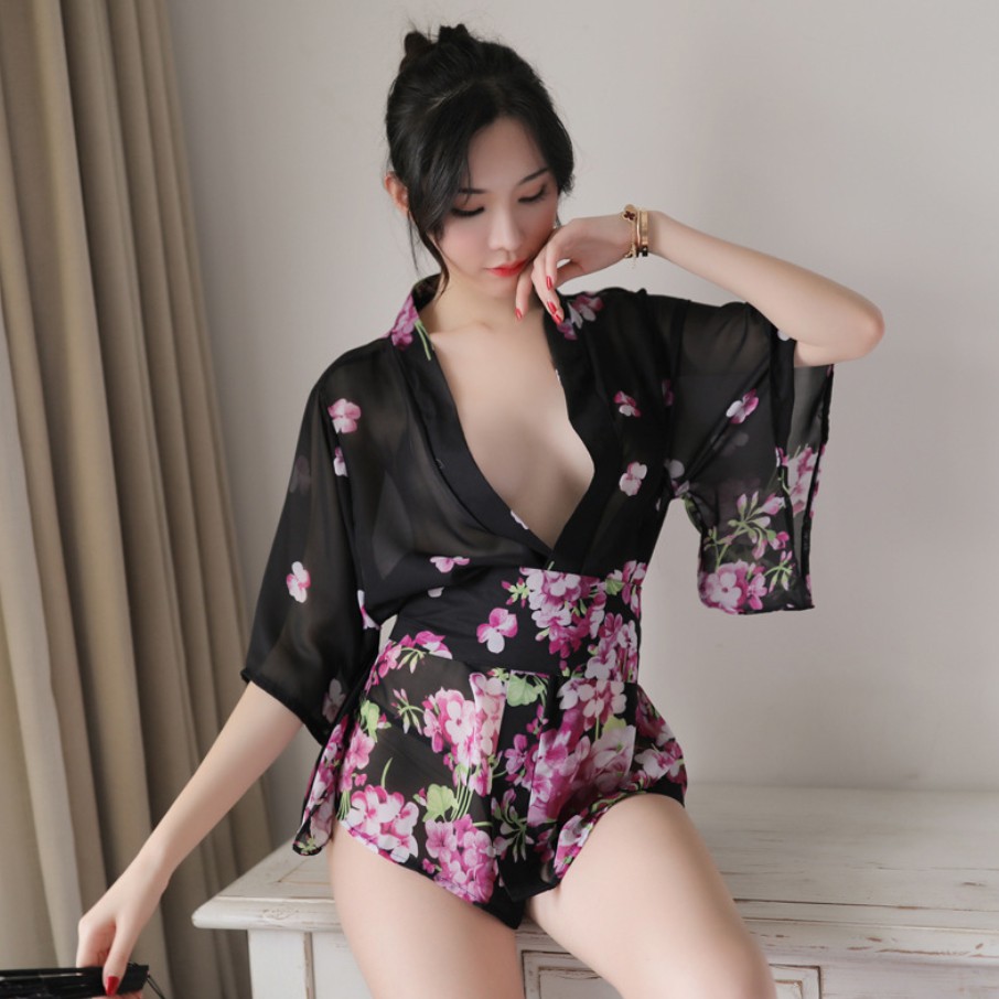 Áo choàng tắm Pyjama voan hoa ngắn tay gợi cảm