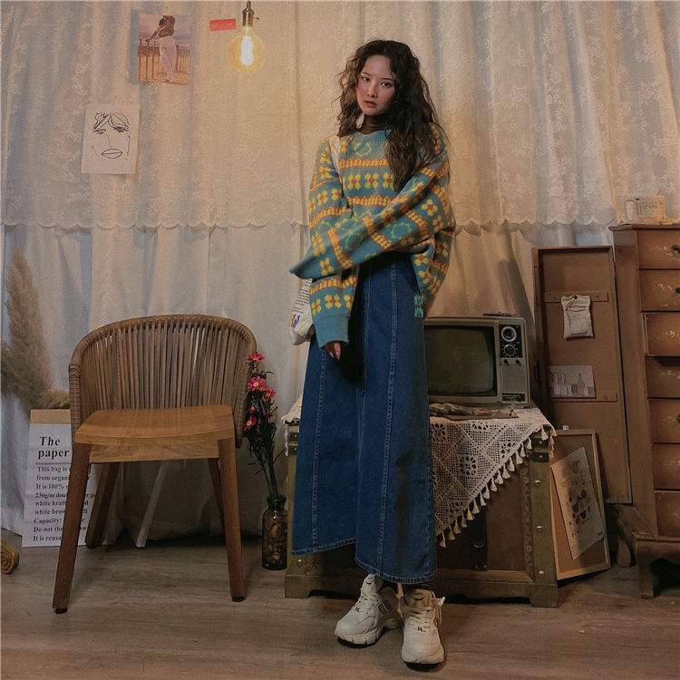 IMAODOU Long Jean Skirt Retro Style Autumn Winter 2023loose High Waist A-Line Skirt