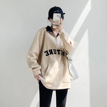 Áo thun polo ZHELIHANGFEI tay dài cổ có khóa kéo thêu họa tiết phong cách preppy thời trang cho nữ