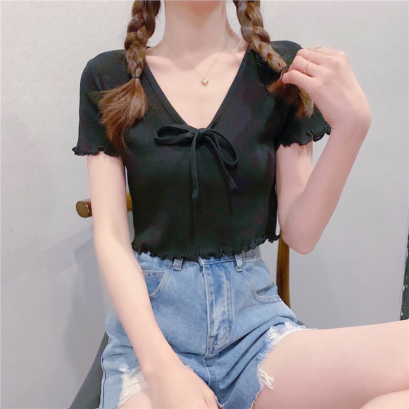 Áo croptop len dệt kim cột nơ ngực Áo thun nơ ngực