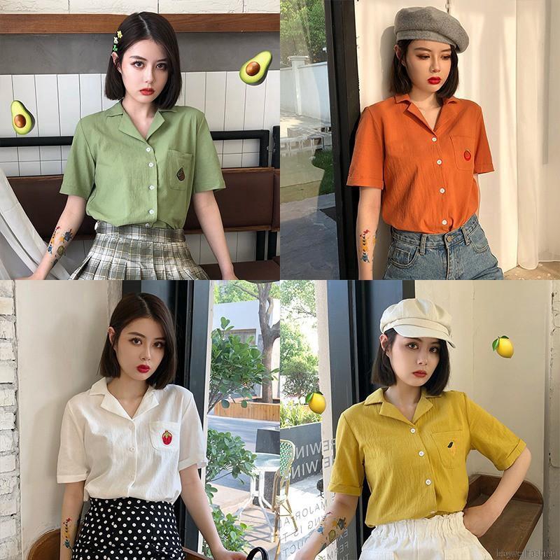 Áo sơ mi kiểu cổ bẻ ngắn tay thêu họa tiết trái cây cho nữ | BigBuy360 - bigbuy360.vn