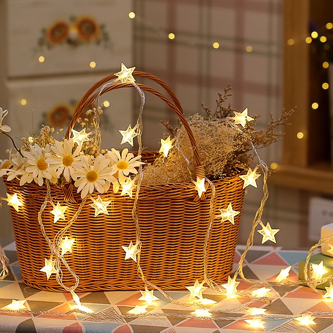 Dây đèn led hình ngôi sao, hình tròn bi trang trí noel, sinh nhật, tiệc cưới, dây đèn led 5m, đủ màu