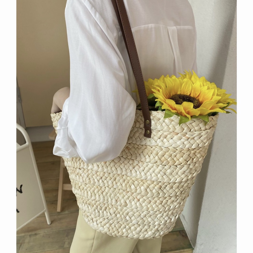 Túi Xách Cói Tote Đeo Vai Cocoqueen Cỡ Lớn Hình Thang Vintage Dây Da