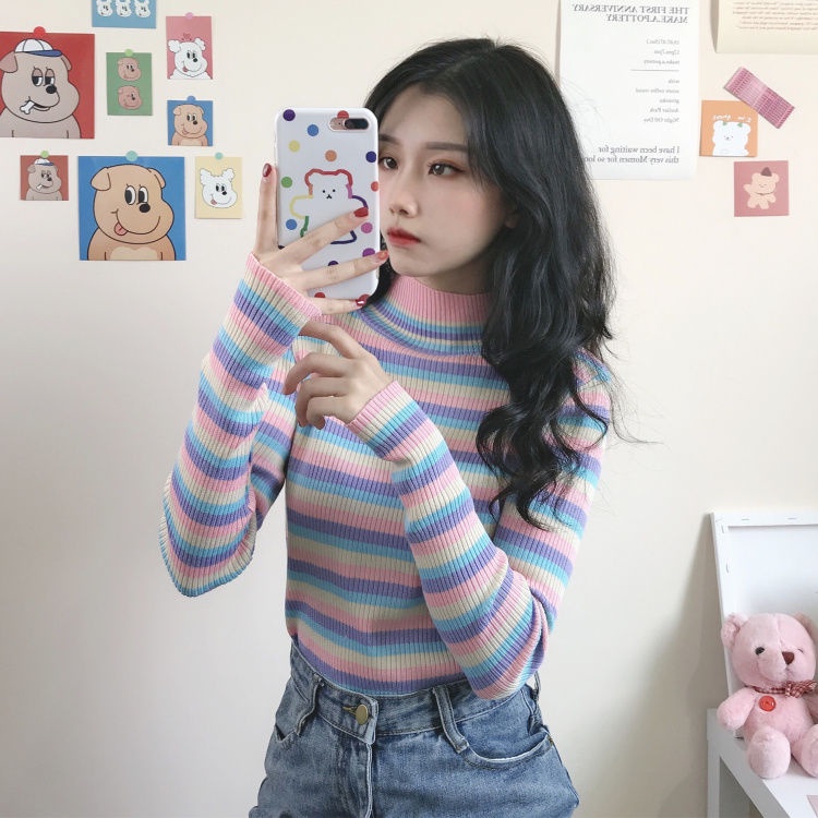 Áo Sweater Dài Tay Cổ Cao Thiết Kế Mỏng Họa Tiết Sọc Cầu Vồng Mới Thời Trang