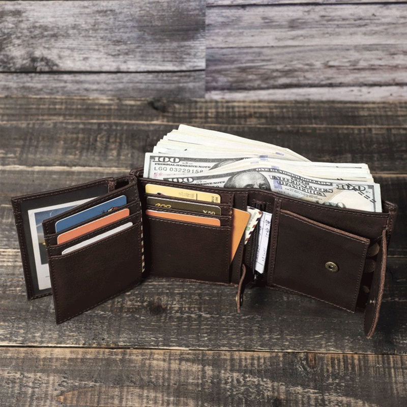 Youyo Ví Ngắn Gập Ba Bằng Da Bò Có Dây Xích RFID Chống Trộm Vintage Cho Nam Cred