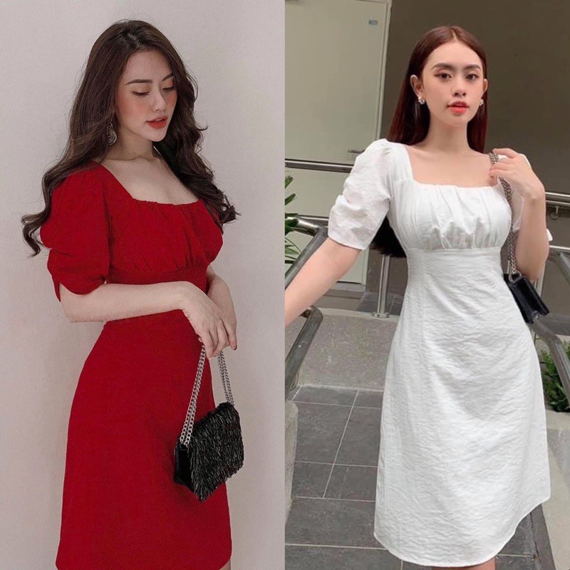 Đầm cổ vuông nhíu ngực nhún tay
