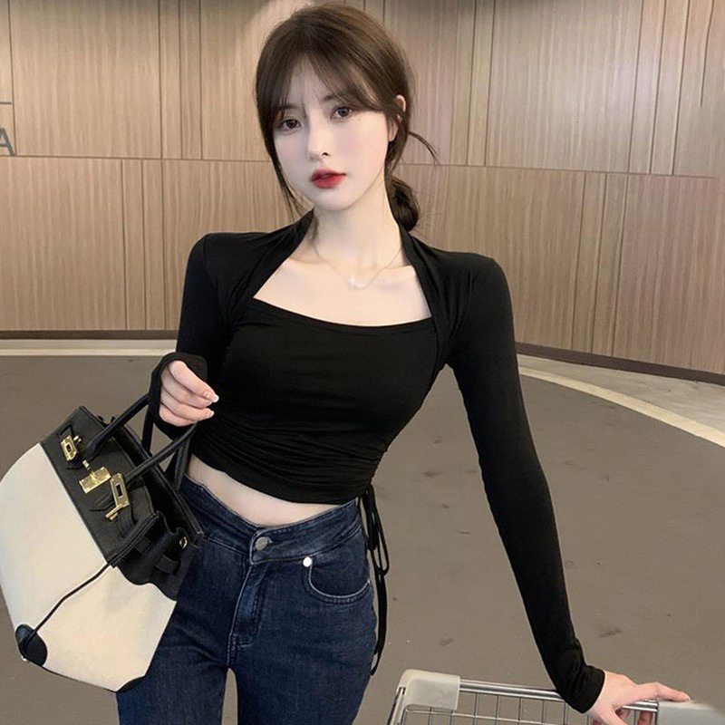 Áo Croptop Tay Dài Cổ Vuông Thiết Kế Dây Rút Phong Cách Hàn Quốc Quyến Rũ Cho Nữ