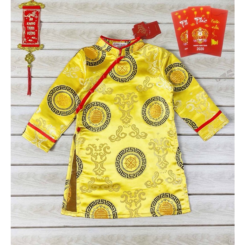 Áo Dài Bé Trai Gấm Họa Tiết Đồng Tiền Đám Mây Chuẩn Chất Lượng Cao Cho Bé Yêu Đón Tết