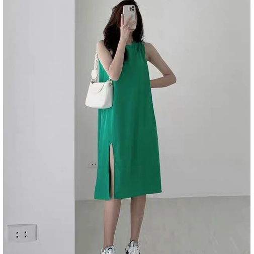 Váy sát nách vai suông dáng xoè Đầm trơn vintage dáng dài