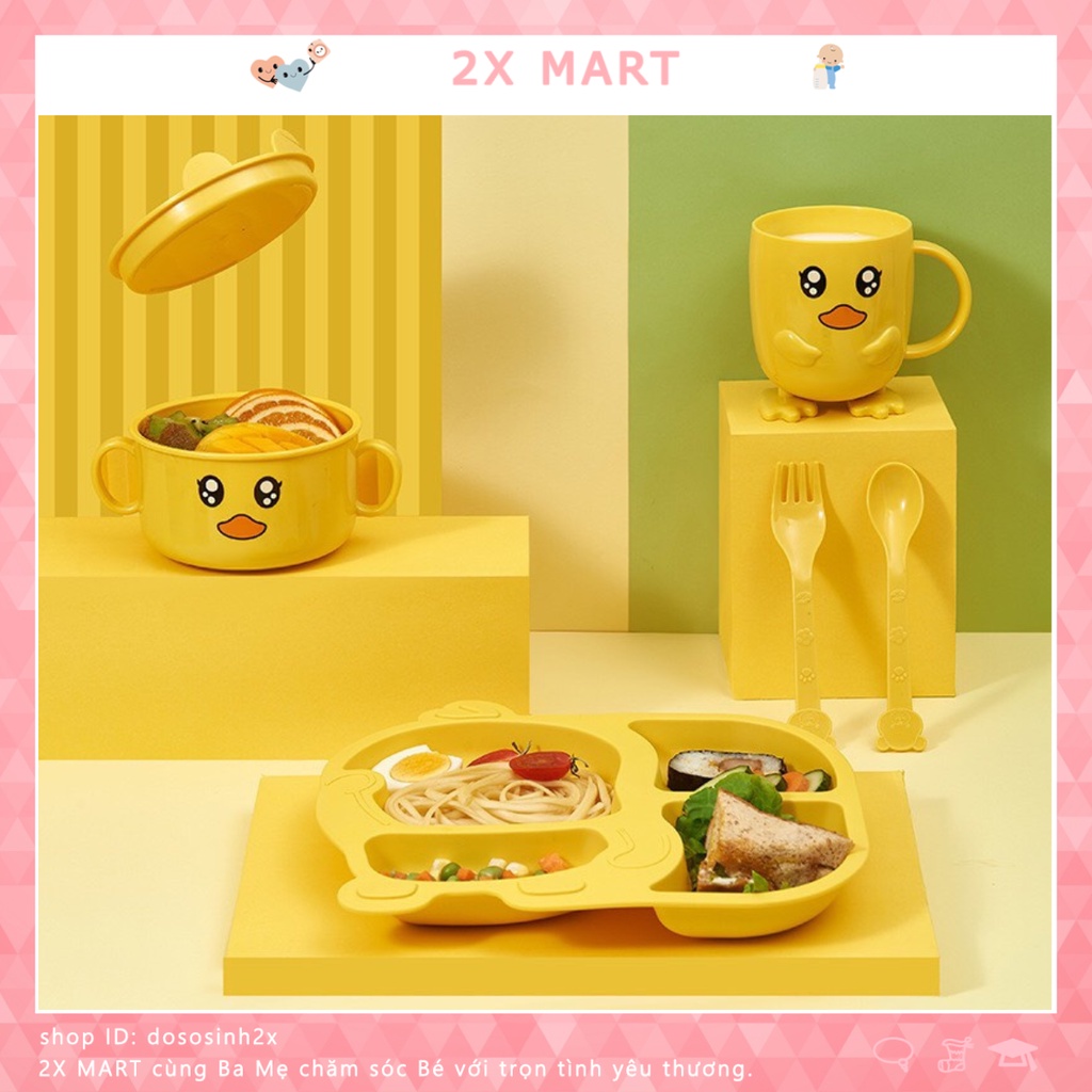 Combo Khay ăn dặm 4 ngăn hình con vịt siêu đáng yêu cho bé, tập ăn dặm kiểu Nhật kèm cốc