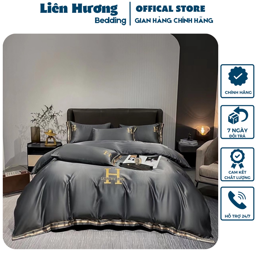 Bộ chăn ga gối lụa chữ H LUXURY LÌFE thêu sang trọng, chất phi lụa thoáng mát hàng nhập khẩu - Liên hương