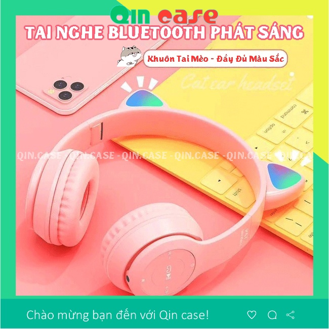 Tai Nghe Mèo Bluetooth Chụp Tai, Headphone Tai Mèo Cute Có Mic, Âm Bass Mạnh Mẽ - Dung Lượng Pin Khủng 400mAh - QINCASE